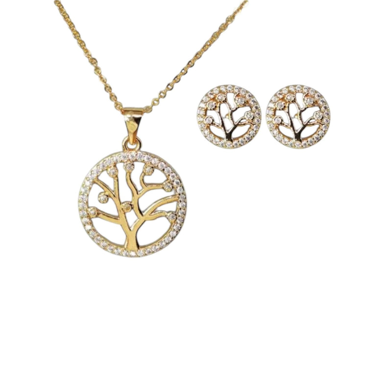 18K Gold Plated Tree of Life Jewelry Set  Necklace & Earrings with Crystal Accents