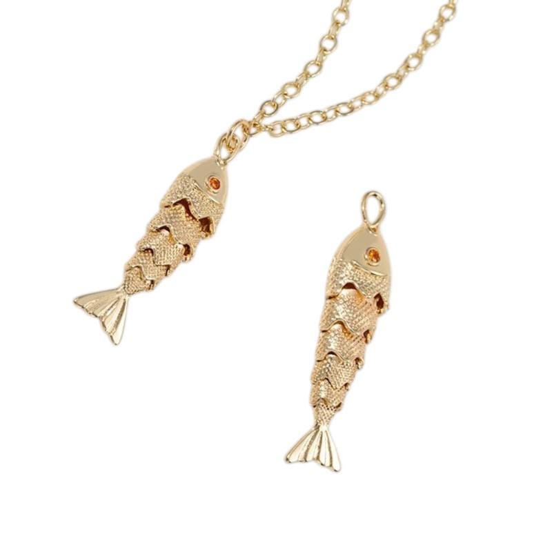 Gold Wiggle Fish Charm, Articulated Fish Pendant, Nautical Gold Plated Charm for DIY