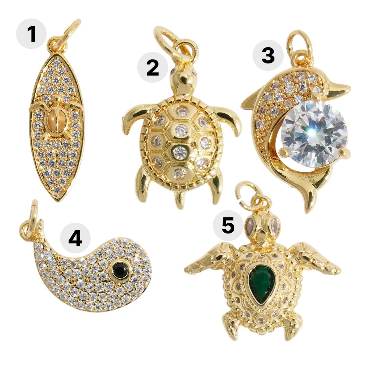 Gold Ocean Charms, CZ Turtle Dolphin Whale Surfboard Pendant, Pave Nautical Charms for DIY Necklace Bracelet Making
