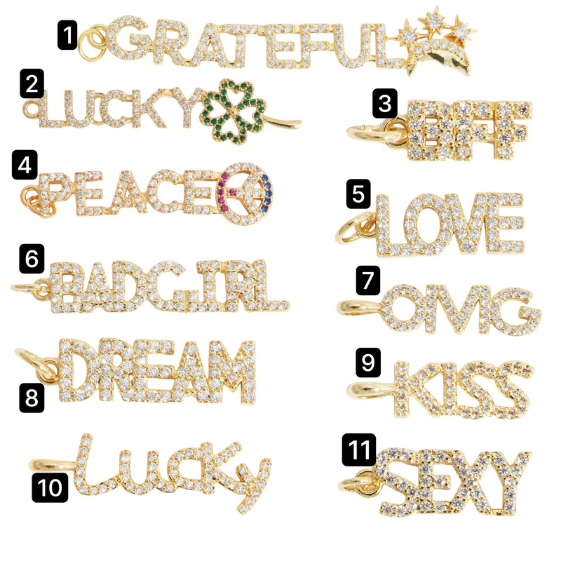 Gold CZ Word charm pendant, love lucky grateful dream sexy kiss bff Peace OMG Bad Girl, Pave Letter Charm for DIY Jewelry