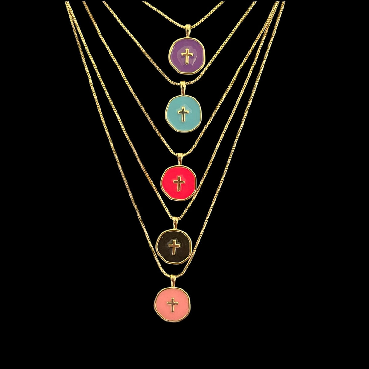 18 Inch Adjustable Gold Plated Cross Necklace, Color Enamel Round Charm Pendant,