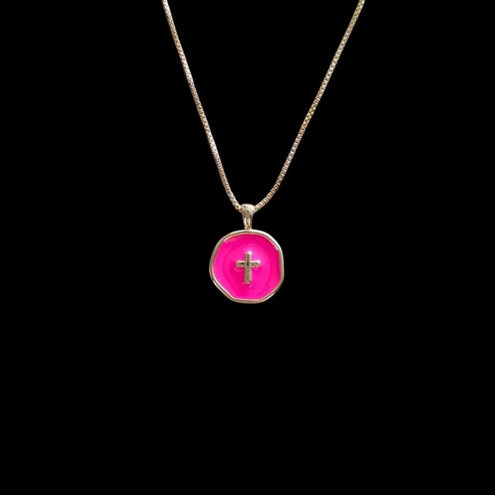 18 Inch Adjustable Gold Plated Cross Necklace, Color Enamel Round Charm Pendant,