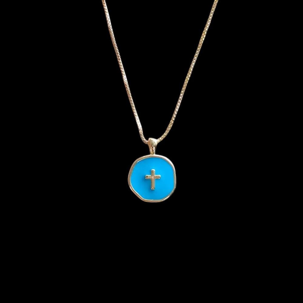 18 Inch Adjustable Gold Plated Cross Necklace, Color Enamel Round Charm Pendant,