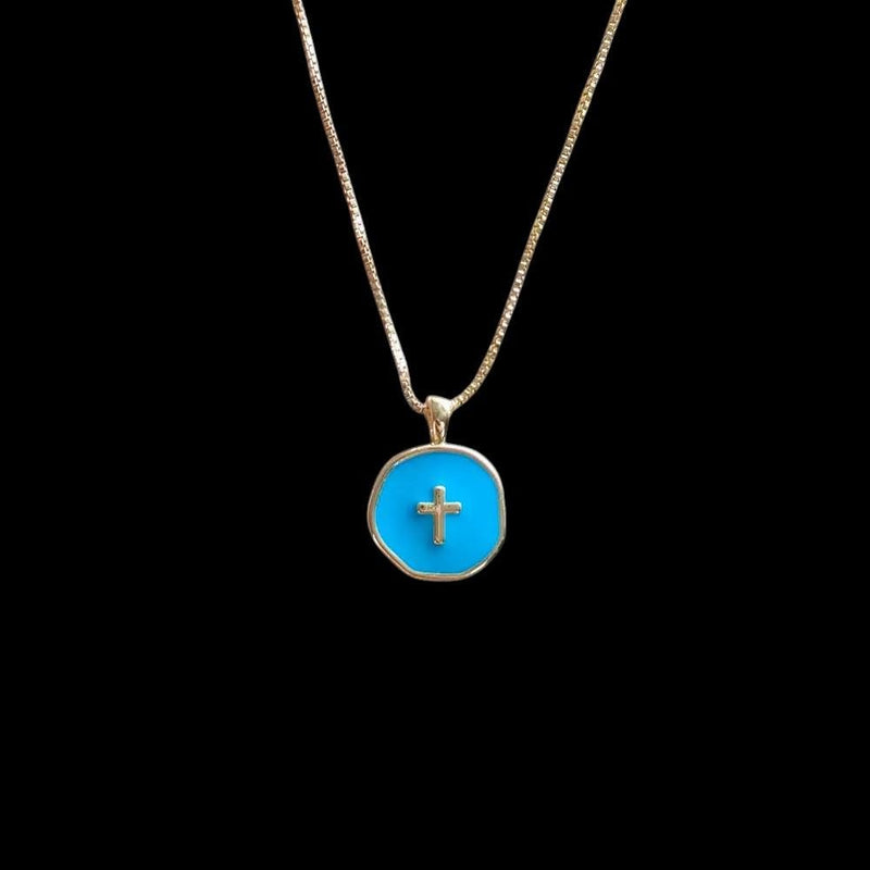 18 Inch Adjustable Gold Plated Cross Necklace, Color Enamel Round Charm Pendant,