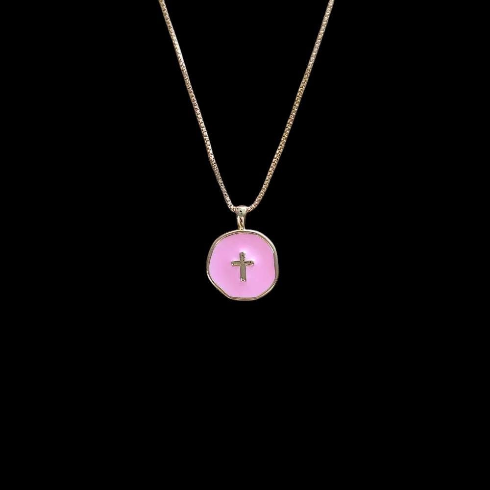 18 Inch Adjustable Gold Plated Cross Necklace, Color Enamel Round Charm Pendant,