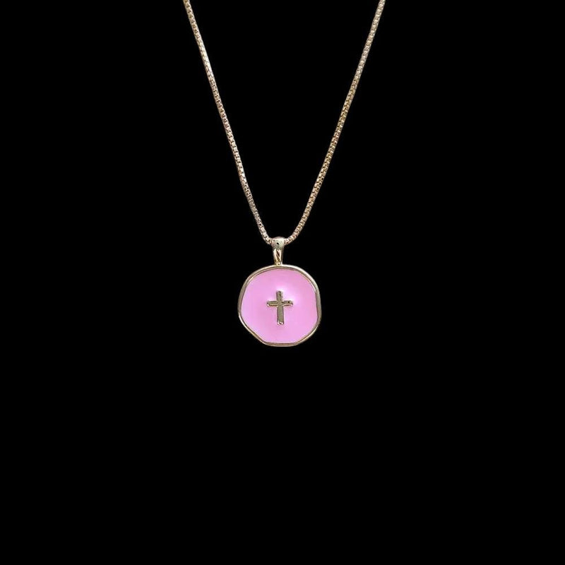 18 Inch Adjustable Gold Plated Cross Necklace, Color Enamel Round Charm Pendant,