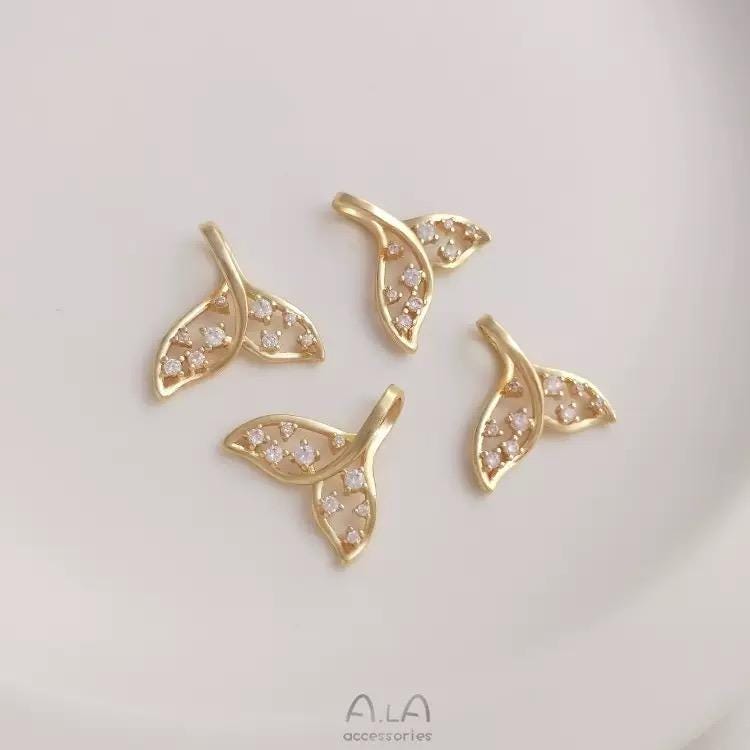 Gold Whale Tail Charm with CZ Pendant, Beach Jewelry Charm for Necklace Bracelet DIY Making