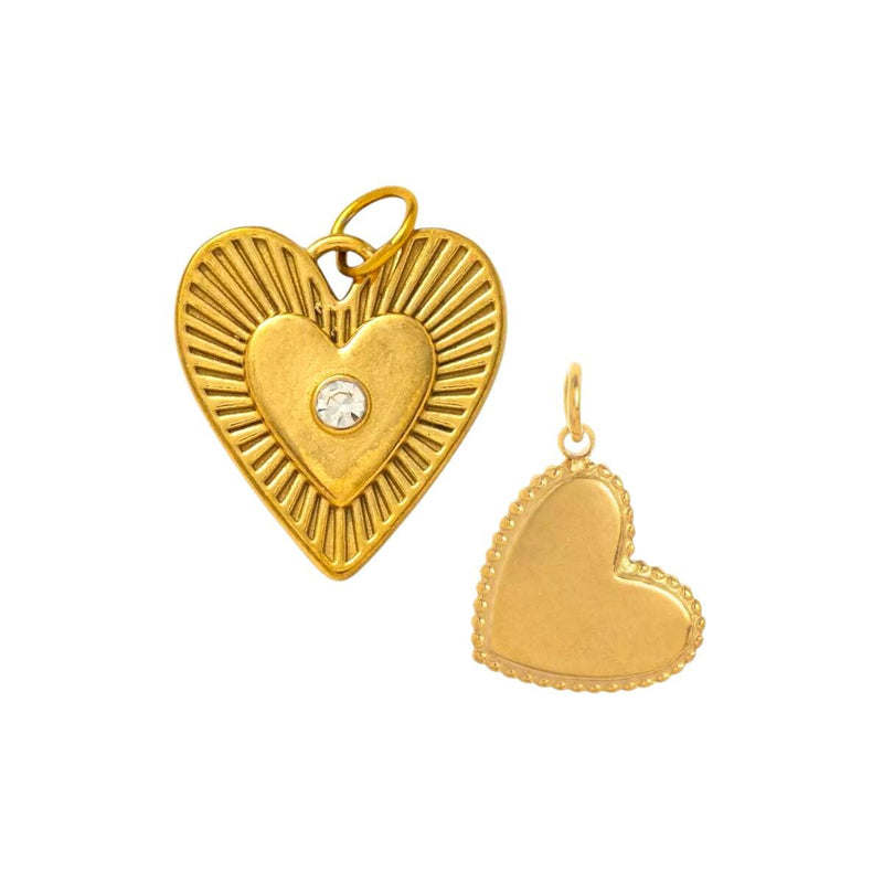 Gold Heart Charm Pendant, Vintage Sunburst Heart with CZ or Minimal Beaded Edge Heart, Love Pendant for DIY Jewelry Making