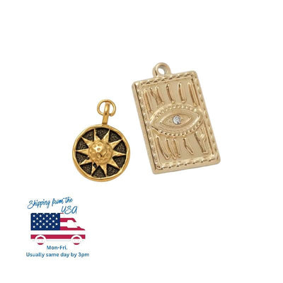 Gold Sun Charm Pendant and Evil Eye Rectangle Charm, Celestial Jewelry Making Supply, Protection Symbol DIY Necklace Bracelet Char