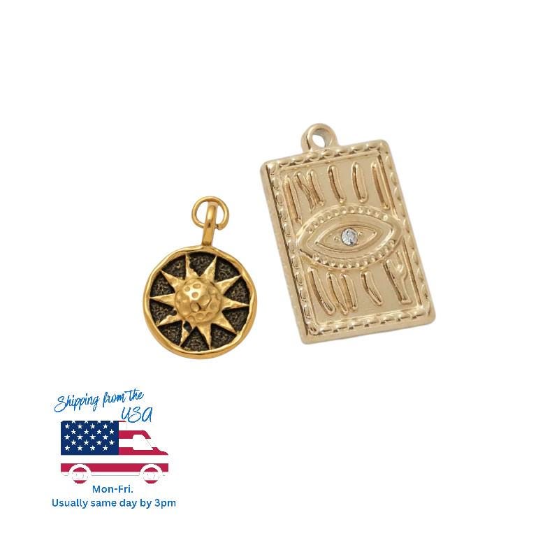 Gold Sun Charm Pendant and Evil Eye Rectangle Charm, Celestial Jewelry Making Supply, Protection Symbol DIY Necklace Bracelet Char