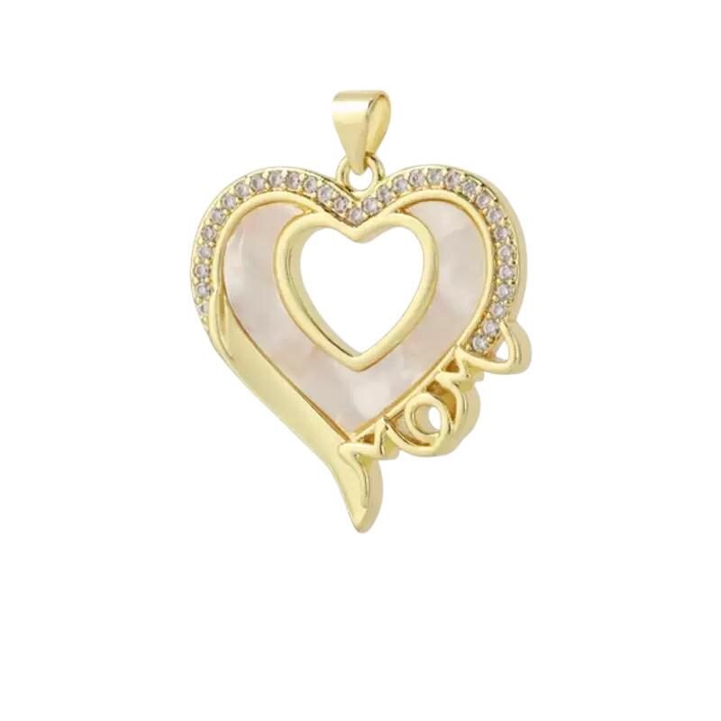 Gold MOM Charm Pendant, Mother of Pearl Heart Mom Pendant, Mama Round Charm, CZ Family Jewelry Making Supply