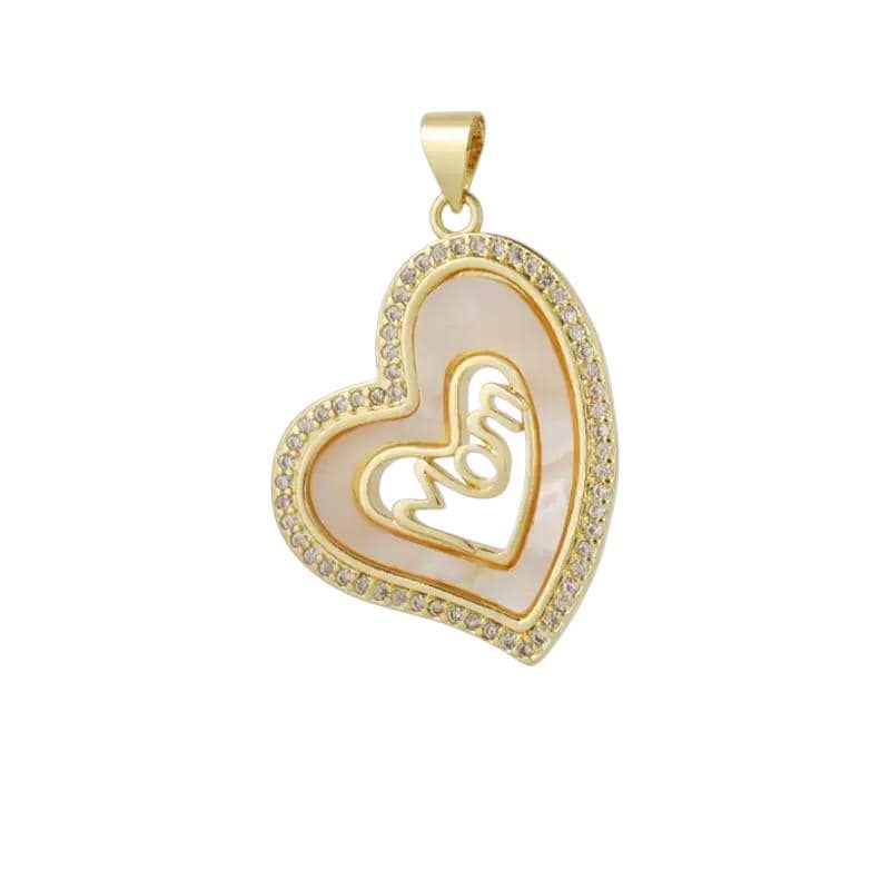 Gold MOM Charm Pendant, Mother of Pearl Heart Mom Pendant, Mama Round Charm, CZ Family Jewelry Making Supply
