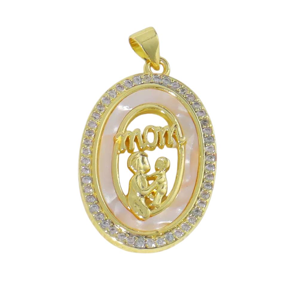 Gold MOM Charm Pendant, Mother of Pearl Heart Mom Pendant, Mama Round Charm, CZ Family Jewelry Making Supply