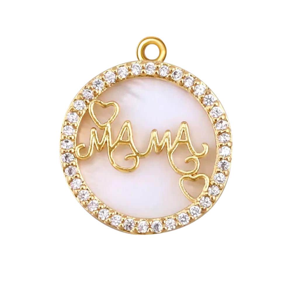 Gold MOM Charm Pendant, Mother of Pearl Heart Mom Pendant, Mama Round Charm, CZ Family Jewelry Making Supply