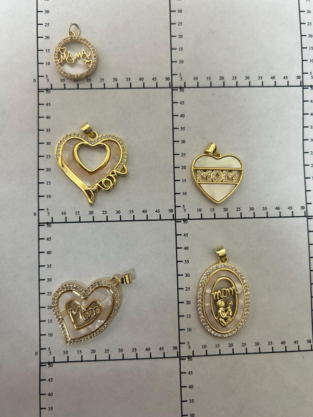 Gold MOM Charm Pendant, Mother of Pearl Heart Mom Pendant, Mama Round Charm, CZ Family Jewelry Making Supply
