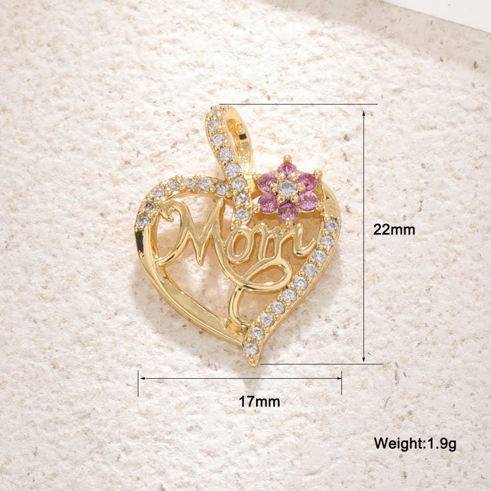Gold MOM Charm Pendant, CZ Heart Mom Charm, Mama Script Charm, Mothers Day Jewelry Making Supply