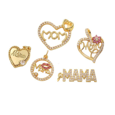 Gold MOM Charm Pendant, CZ Heart Mom Charm, Mama Script Charm, Mothers Day Jewelry Making Supply