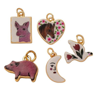 Vintage Enamel Animal Charm, Pig Pendant, Horse Heart Charm, Crescent Moon Face, Floral Bird Gold Charm, DIY Jewelry Supply