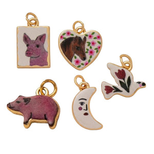 Vintage Enamel Animal Charm, Pig Pendant, Horse Heart Charm, Crescent Moon Face, Floral Bird Gold Charm, DIY Jewelry Supply