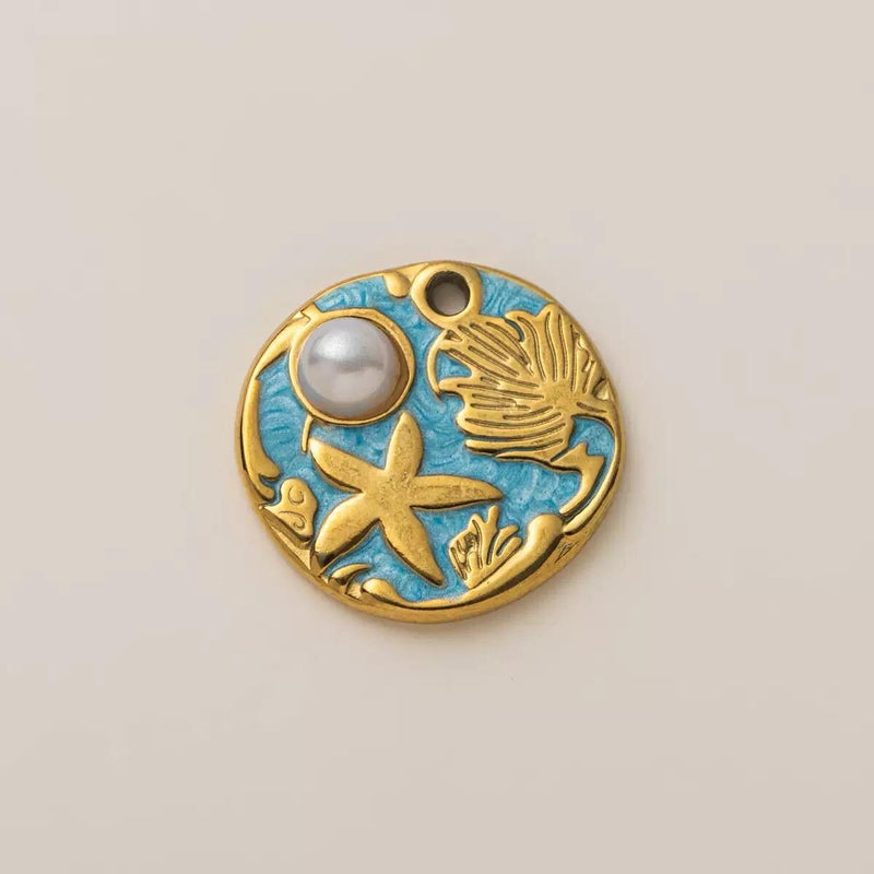 Starfish Ocean Charm Pendant Set | Gold Tone Enamel Beach Charms with Pearl Accent | Coastal DIY Jewelry Charms