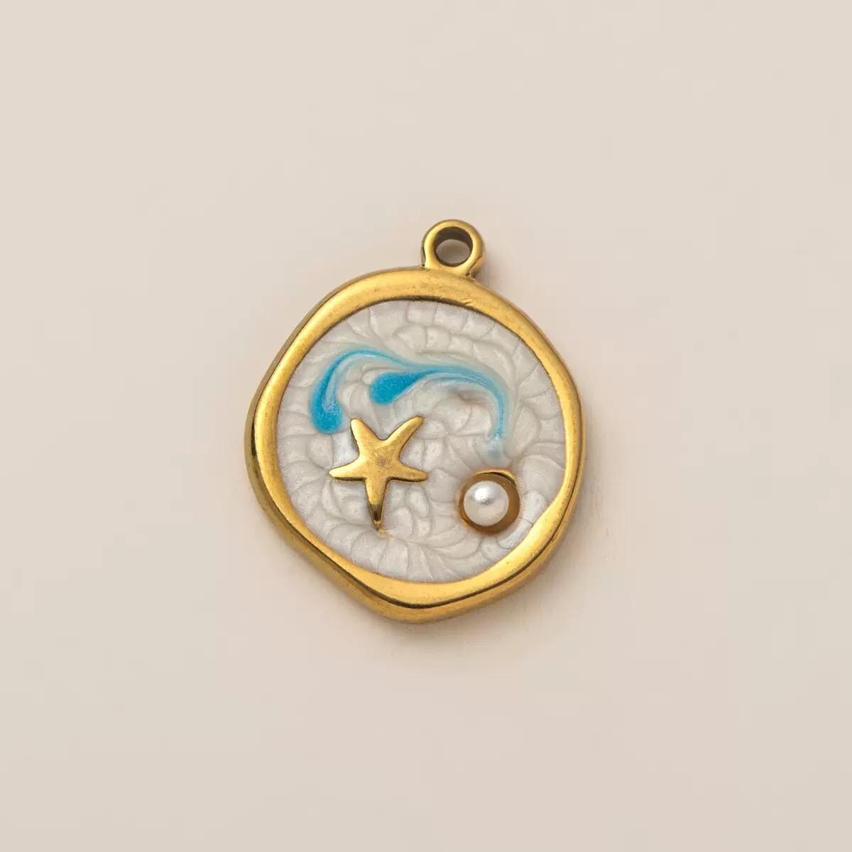 Starfish Ocean Charm Pendant Set | Gold Tone Enamel Beach Charms with Pearl Accent | Coastal DIY Jewelry Charms