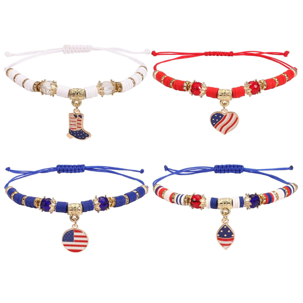 4th of July Adjustable Bracelet, Patriotic Red White Blue Charm Bracelet, USA Flag Beaded Bracelet, Memorial Day Jewelry