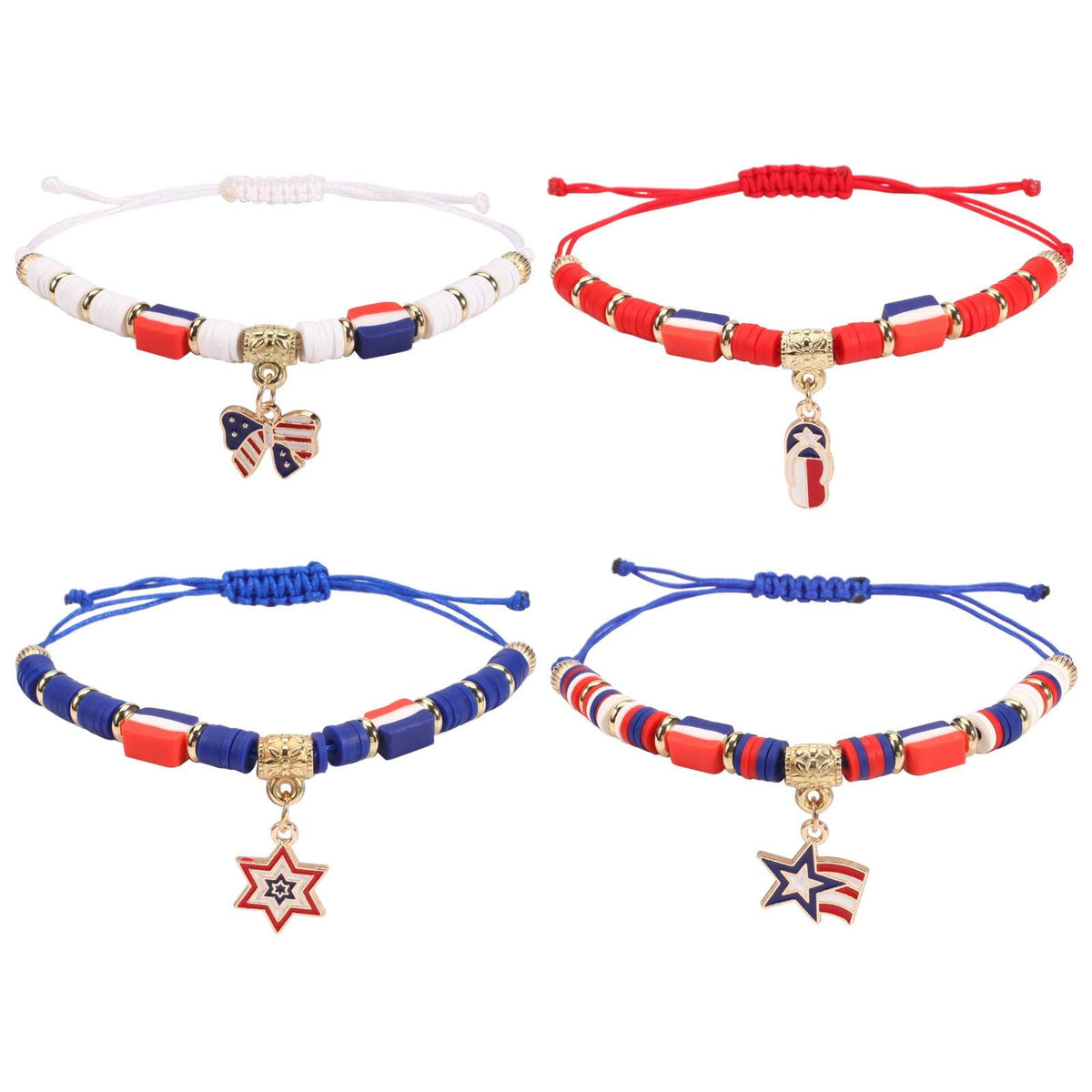 4th of July Adjustable Bracelet, Patriotic Red White Blue Charm Bracelet, USA Flag Beaded Bracelet, Memorial Day Jewelry