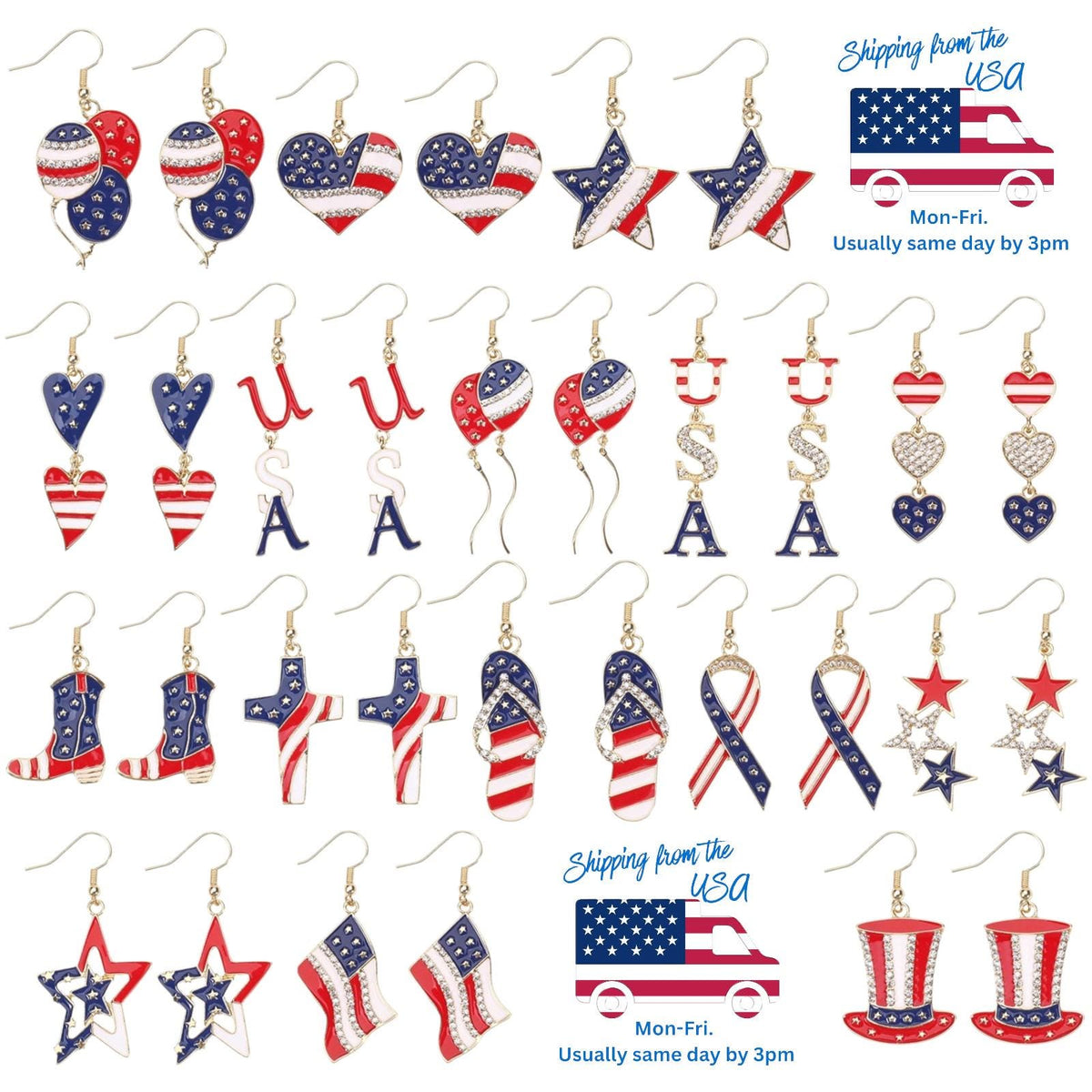 4th of July Dangle Earrings, Patriotic Red White Blue Earrings, USA Flag Heart Star Drop Earrings, Memorial Day Jewelry
