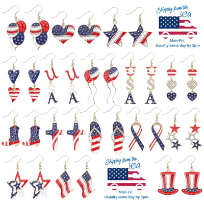 4th of July Dangle Earrings, Patriotic Red White Blue Earrings, USA Flag Heart Star Drop Earrings, Memorial Day Jewelry