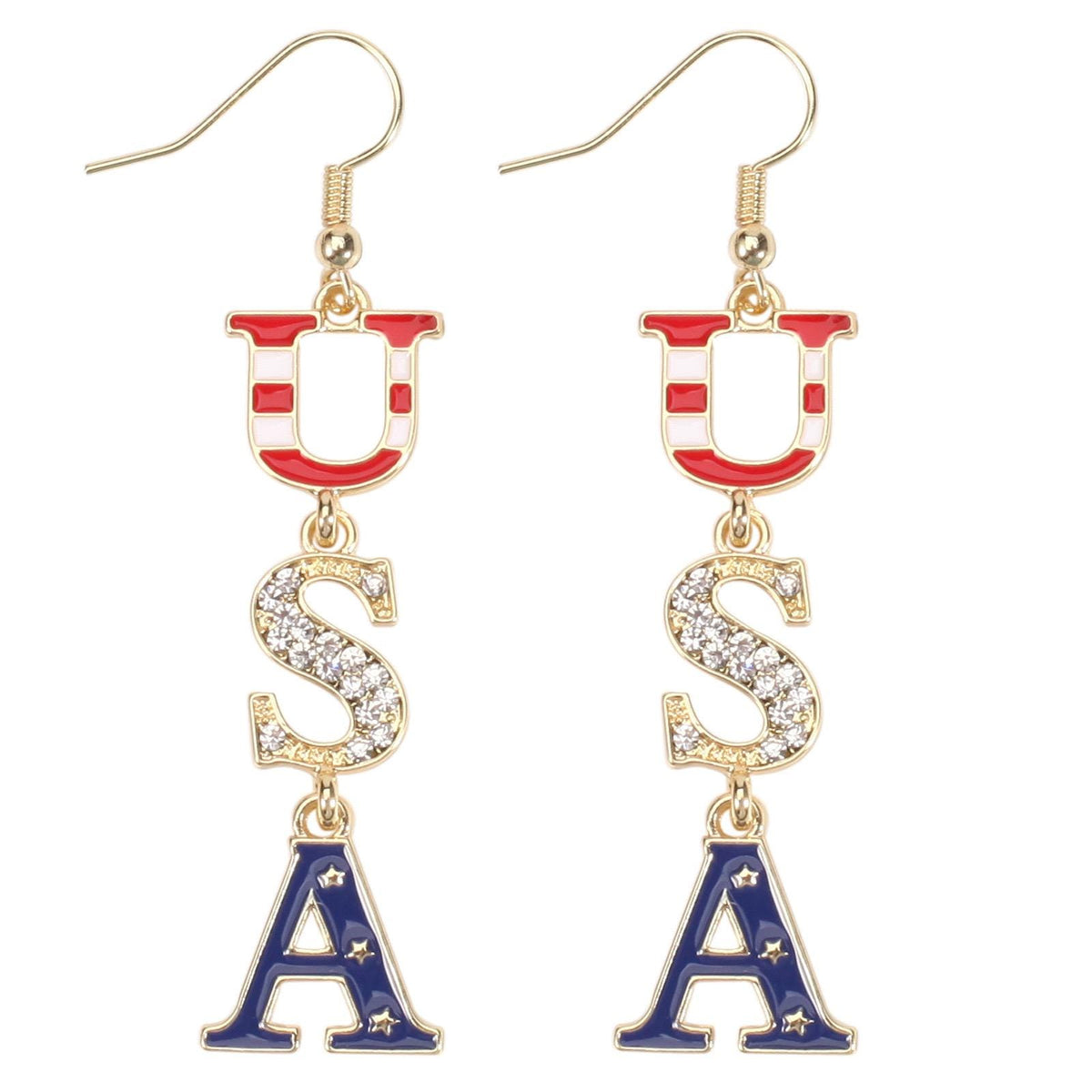 4th of July Dangle Earrings, Patriotic Red White Blue Earrings, USA Flag Heart Star Drop Earrings, Memorial Day Jewelry
