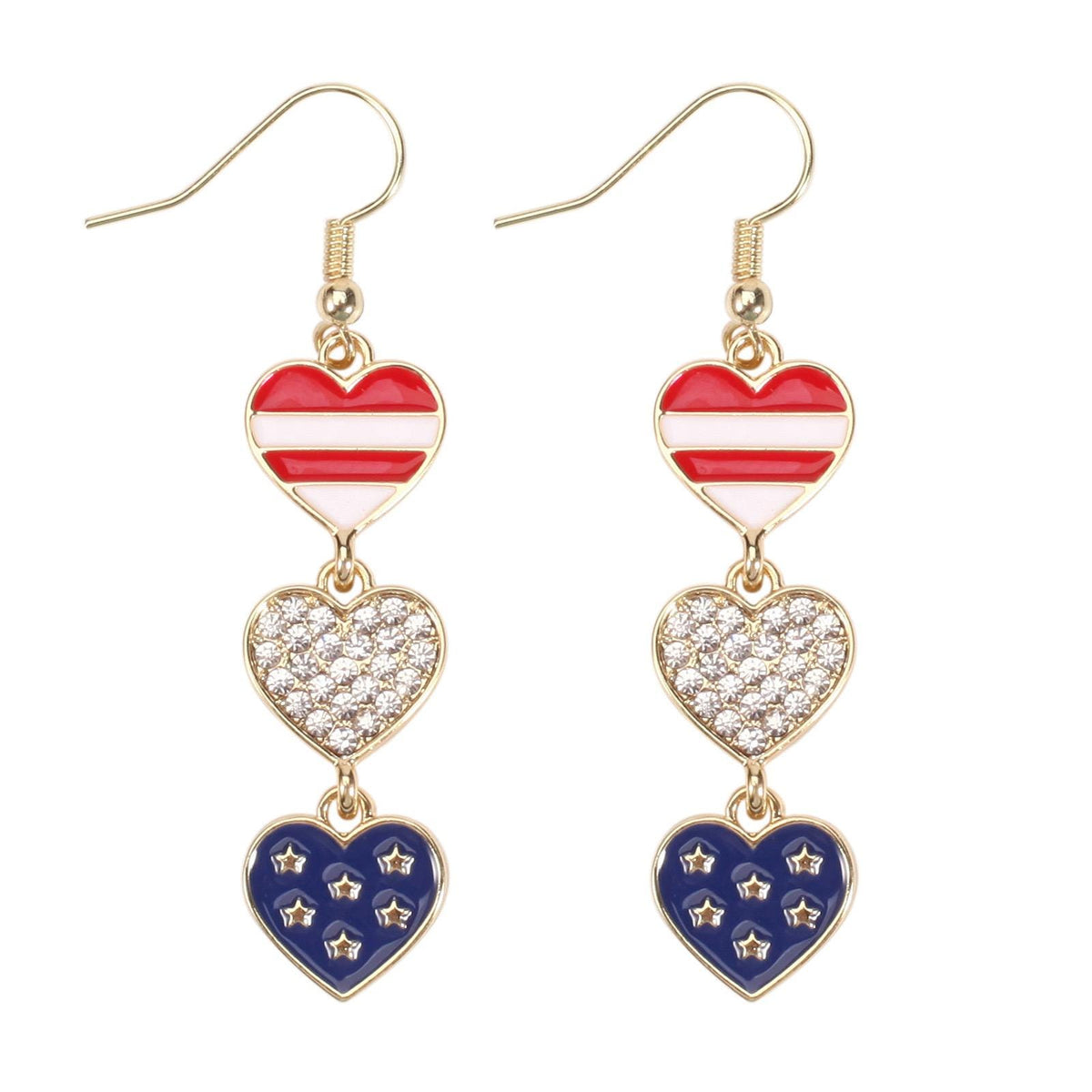 4th of July Dangle Earrings, Patriotic Red White Blue Earrings, USA Flag Heart Star Drop Earrings, Memorial Day Jewelry