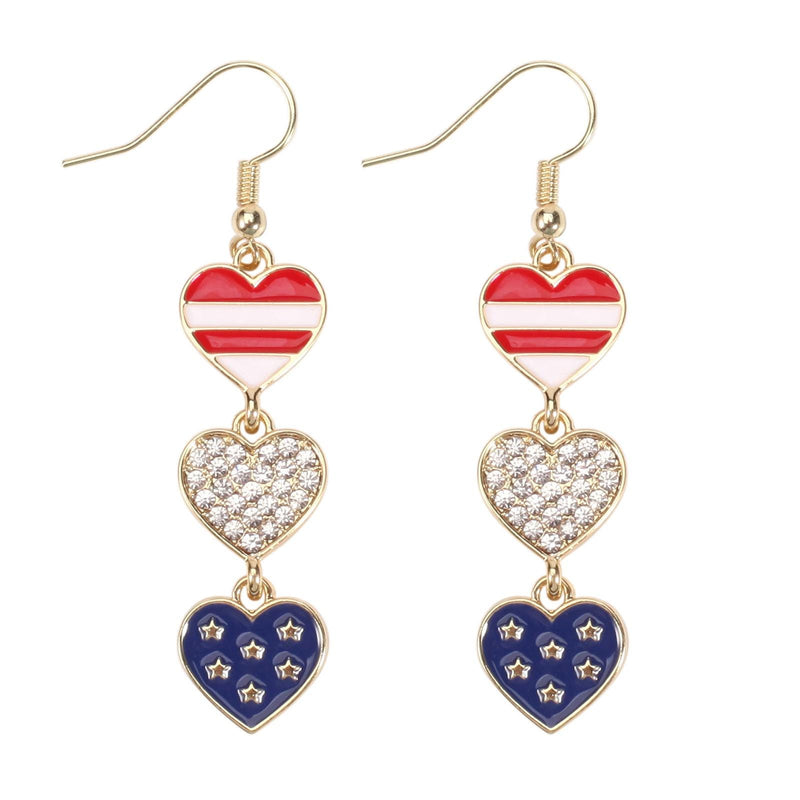4th of July Dangle Earrings, Patriotic Red White Blue Earrings, USA Flag Heart Star Drop Earrings, Memorial Day Jewelry