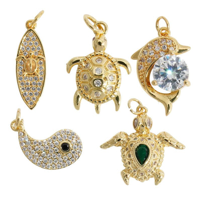 Gold Ocean Charms, CZ Turtle Dolphin Whale Surfboard Pendant, Pave Nautical Charms for DIY Necklace Bracelet Making