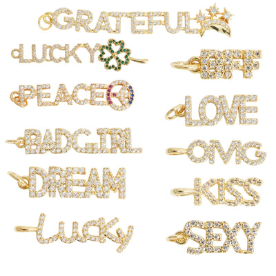 Gold CZ Word charm pendant, love lucky grateful dream sexy kiss bff Peace OMG Bad Girl, Pave Letter Charm for DIY Jewelry