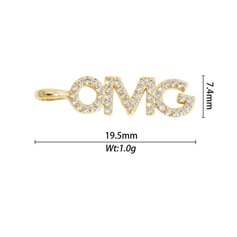 Gold CZ Word charm pendant, love lucky grateful dream sexy kiss bff Peace OMG Bad Girl, Pave Letter Charm for DIY Jewelry