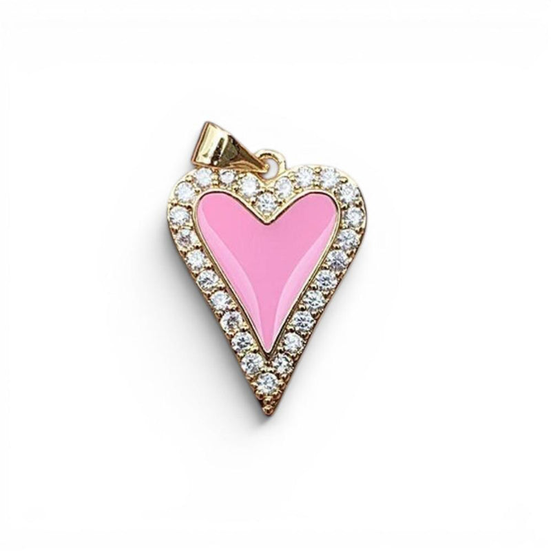 CZ Heart Pendant Charm, Gold Pave Heart Charm, Enamel Heart Jewelry Charm, Red Pink Black White Heart Pendant