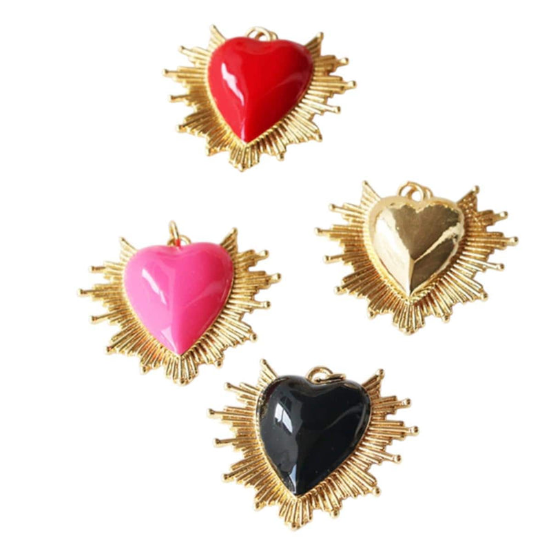 Gold Sacred Heart Pendant Charm, Enamel Heart Sunburst Charm, 34mm Statement Heart Jewelry, Red Pink Black Heart Pendant