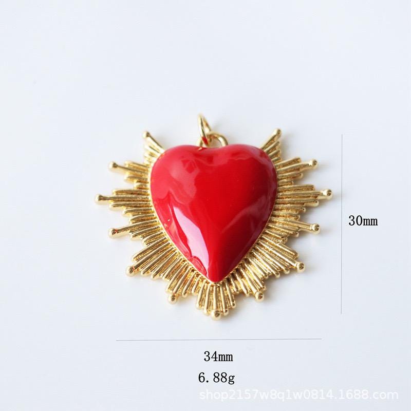 Gold Sacred Heart Pendant Charm, Enamel Heart Sunburst Charm, 34mm Statement Heart Jewelry, Red Pink Black Heart Pendant