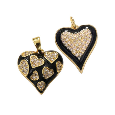 Black Enamel Heart Charm | CZ Pave Heart Pendant, Gold Plated Heart Charm for DIY Necklace Bracelet Jewelry Making