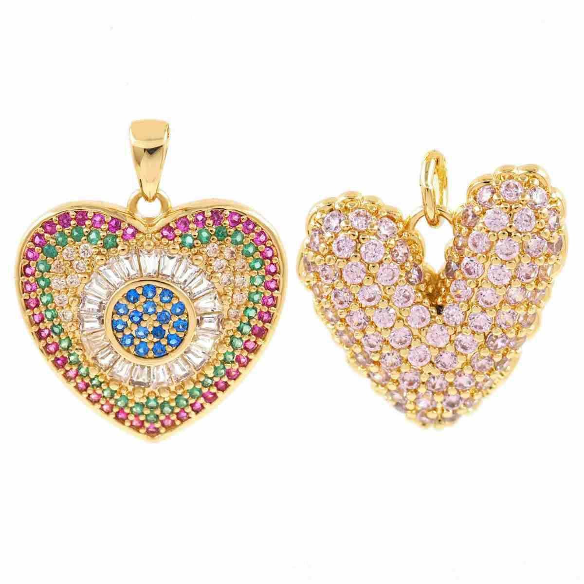 Gold Plated CZ Heart Charm Pendant, Rainbow Heart Charm, Pave Heart Pendant, Rhinestone Heart Charm, DIY Jewelry Charm