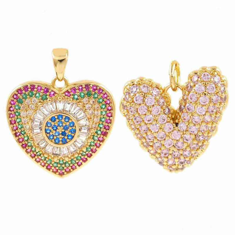 Gold Plated CZ Heart Charm Pendant, Rainbow Heart Charm, Pave Heart Pendant, Rhinestone Heart Charm, DIY Jewelry Charm