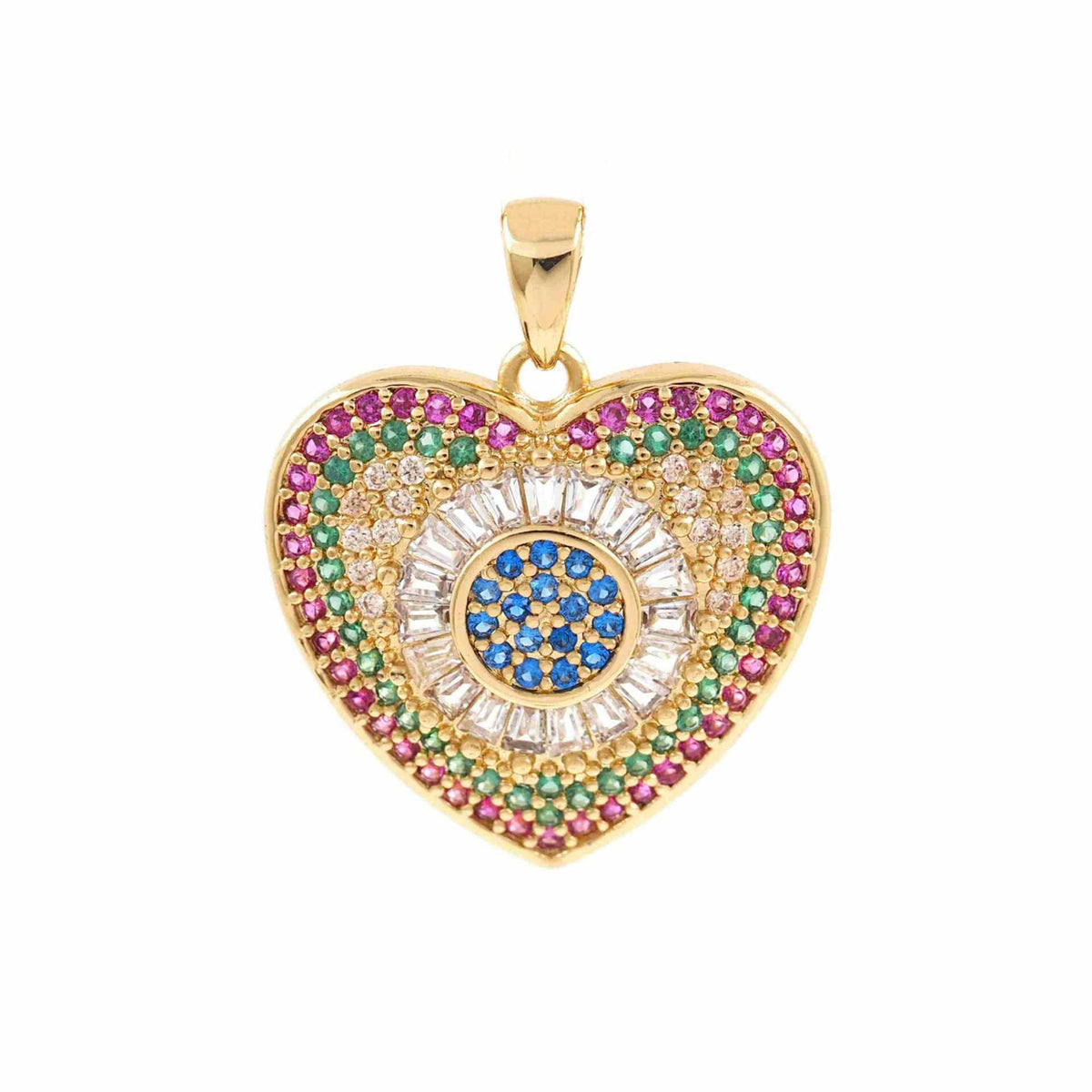 Gold Plated CZ Heart Charm Pendant, Rainbow Heart Charm, Pave Heart Pendant, Rhinestone Heart Charm, DIY Jewelry Charm