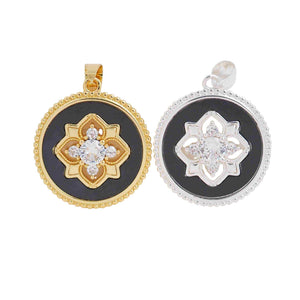 Vintage Black Enamel Medallion Char, Gold Silver Floral Pendant, CZ Statement Charm, Boho Coin Necklace Jewelry