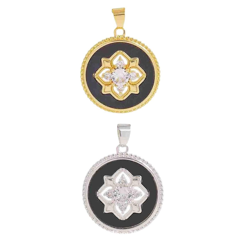 Vintage Black Enamel Medallion Char, Gold Silver Floral Pendant, CZ Statement Charm, Boho Coin Necklace Jewelry