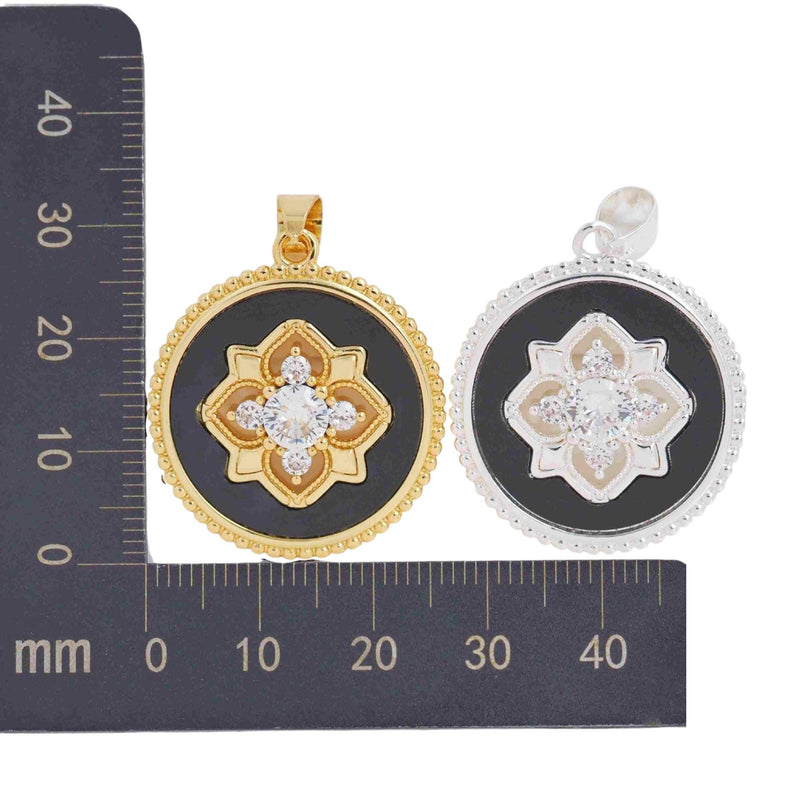 Vintage Black Enamel Medallion Char, Gold Silver Floral Pendant, CZ Statement Charm, Boho Coin Necklace Jewelry