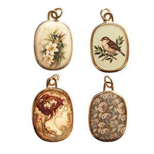 Vintage Art Nouveau Charm Pendant, Floral Bird Portrait Pendant, Gold Oval Charm, Cottagecore Jewelry, Victorian Style Charm