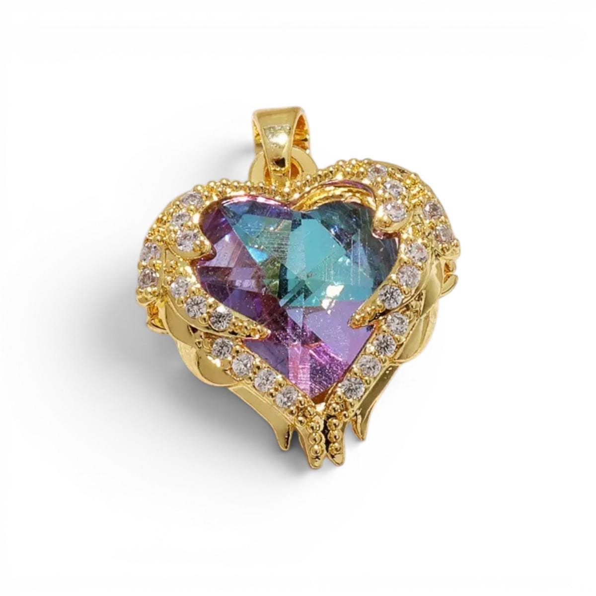 Mystic Heart Charm Pendant, Rainbow Crystal Heart Necklace, Gold CZ Heart Charm, Aurora Gem Jewelry, Statement Heart Pendant