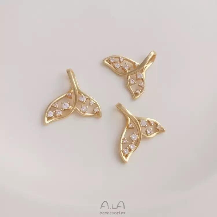 Gold Whale Tail Charm with CZ Pendant, Beach Jewelry Charm for Necklace Bracelet DIY Making