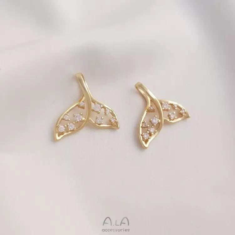Gold Whale Tail Charm with CZ Pendant, Beach Jewelry Charm for Necklace Bracelet DIY Making