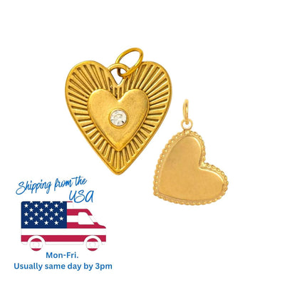 Gold Heart Charm Pendant, Vintage Sunburst Heart with CZ or Minimal Beaded Edge Heart, Love Pendant for DIY Jewelry Making